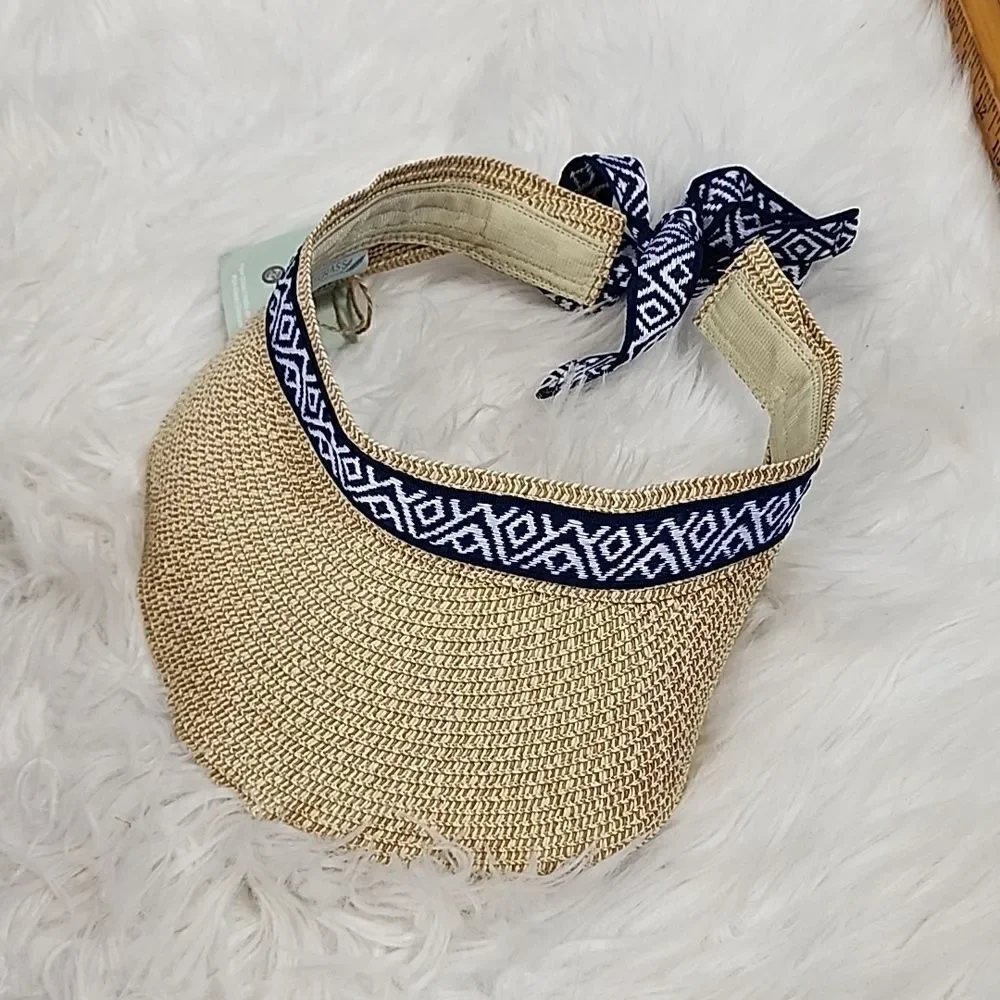 NWT Sea Grass Straw Visor with Navy and White Ribbon